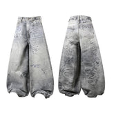 CapCabin Graffiti Washed Curved Denim Pants