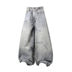 CapCabin Graffiti Washed Curved Denim Pants
