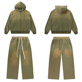 Vale Forever Vintage Gothic Cross Zip-Up Hoodie & Sweatpants Set - Olive Green