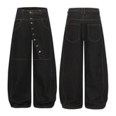 CapCabin Asymmetric Button Wide-Leg Denim Pants