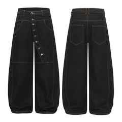 CapCabin Asymmetric Button Wide-Leg Denim Pants