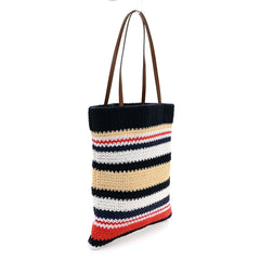 Raffia Crochet Stripe Vertical Tote Bag Blue Red Natural