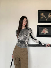 Cyber Y2K Armour Graphic Mesh Long Sleeve Top