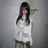 Grunge Y2K Skull Graphic Long Sleeve Top