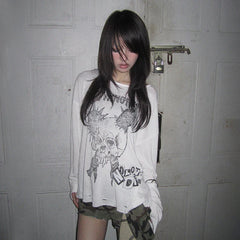 Grunge Y2K Skull Graphic Long Sleeve Top