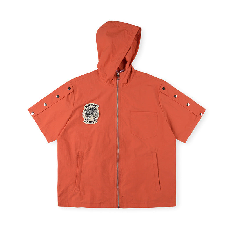 SAINT VANITY Short-Sleeve Full-Zip Hooded Jacket with Snap Sleeves - Orange