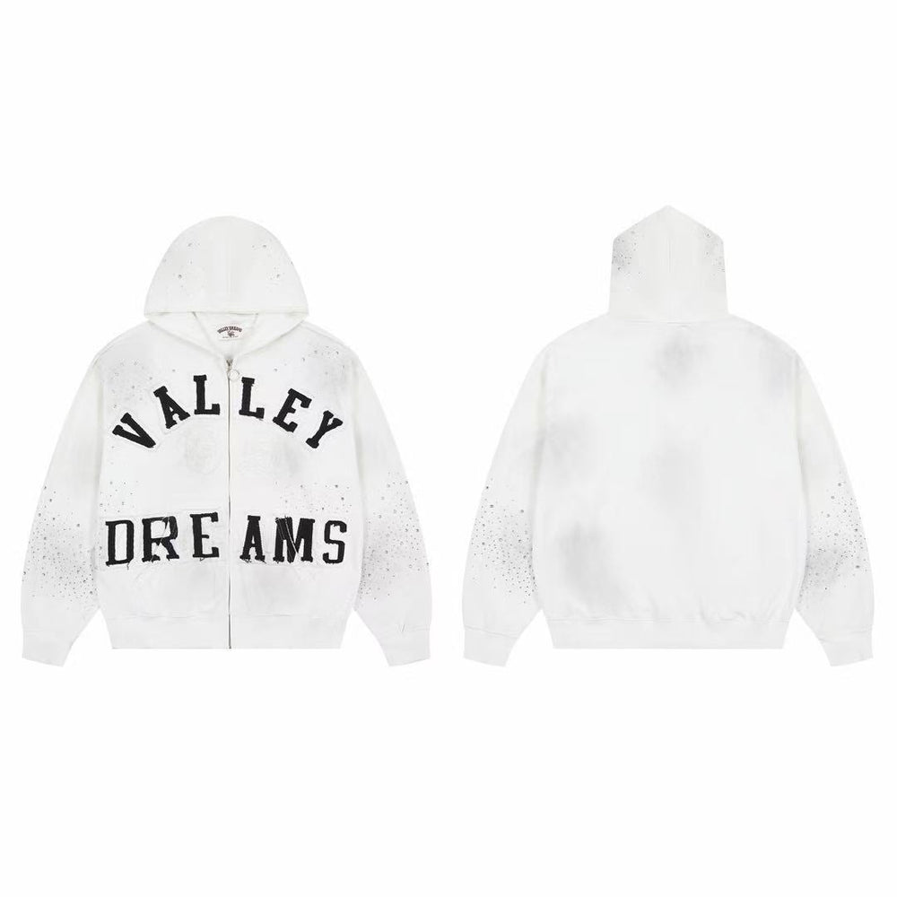 Vale Forever Valley Dreams Rhinestone & Applique Vintage Wash Full-Zip Hoodie white