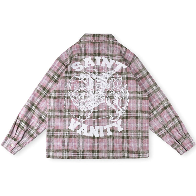 Saint Vanity Tiger Graphic Plaid Flannel Shirt - Pink/Green