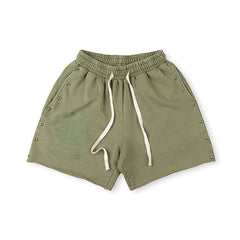 SAINT VANITY Vintage Graphic Side-Snap Casual Shorts - Olive Green / Vintage Wash