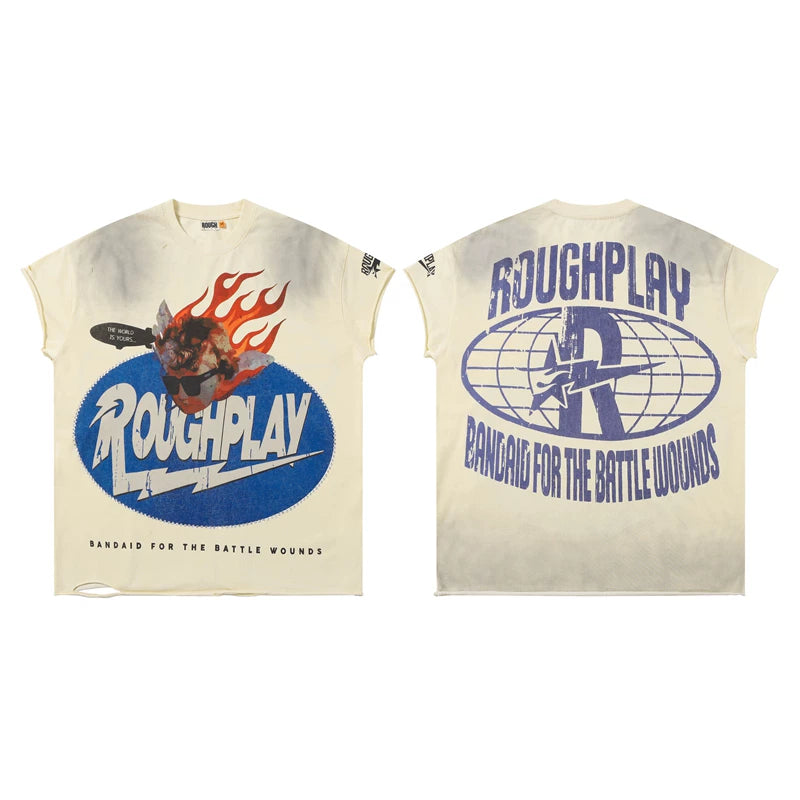 Rough Play "Bandaid for the Battle Wounds" Flaming Skull Graphic Sleeveless Tee