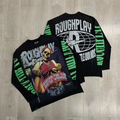 Roughplay Punk Skull Graphic Heavyweight Long-Sleeve Tee - Black/Neon Green