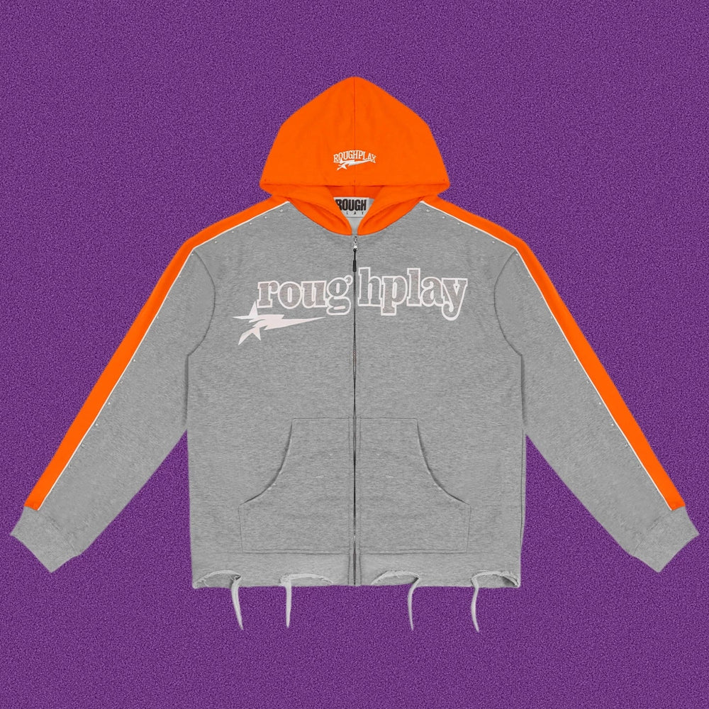 Roughplay Straight Logo Track Zip-Up Hoodie - Light Grey/Orange