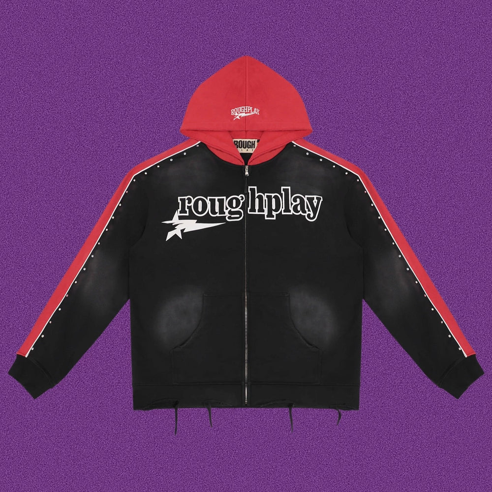 Roughplay Straight Logo Track Zip-Up Hoodie - Black/Red