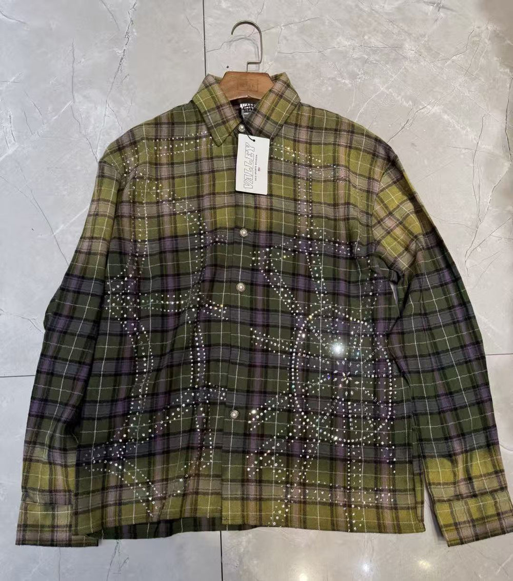 Vale Forever Plaid Rhinestone Embellished Vintage Wash Long-Sleeve Button-Up Shirt