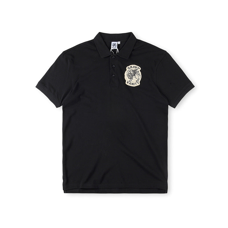 SAINT VANITY Embroidered Patch Short-Sleeve Polo Shirt - Black
