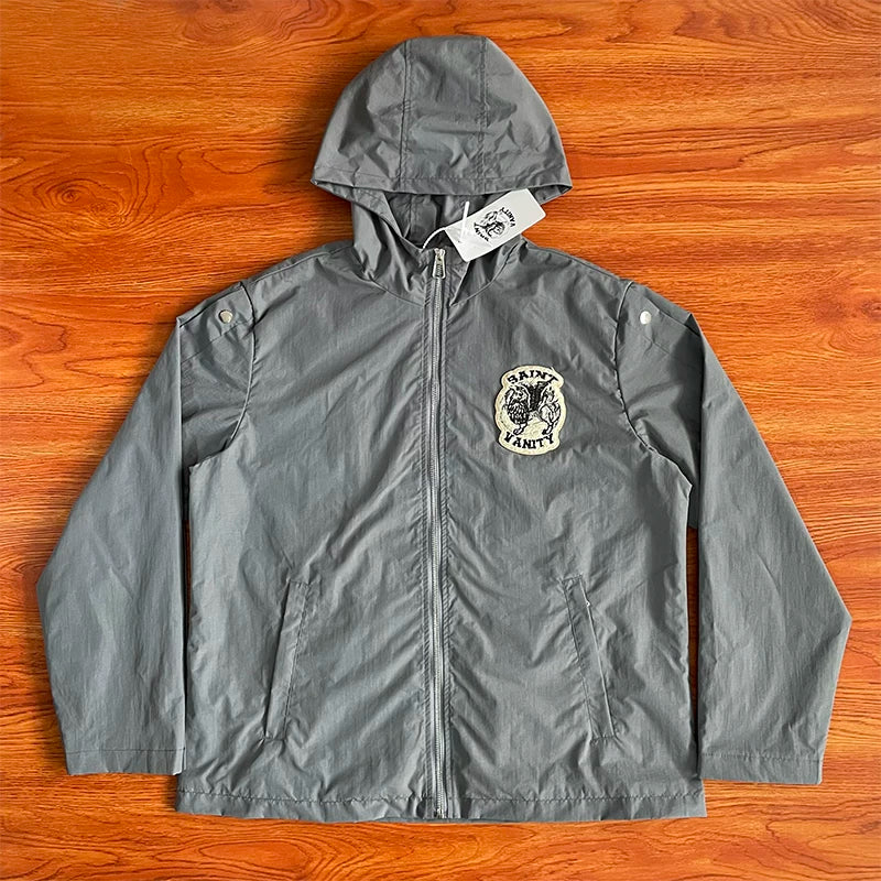 SAINT VANITY Embroidered Rivet Sports Style Casual Windbreaker - Grey