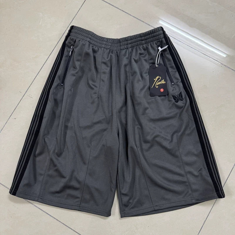 Needles Style Embroidered Butterfly Side-Tape Track Shorts - Dark Grey/Black
