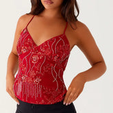 Summer Y2K Sequin Rhinestone Halter Cami Crop Top