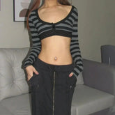 Trashy Y2K Striped Low Cut Long Sleeve Crop Top