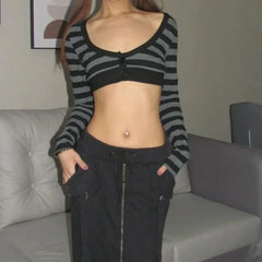 Trashy Y2K Striped Low Cut Long Sleeve Crop Top