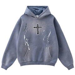 Vintage Y2K Cross Graphic Distressed Baggy Hoodie
