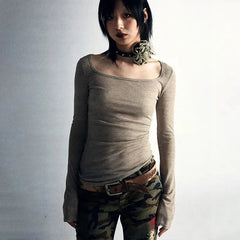 Womens Spinal Print Y2K Bell Long Sleeve Top