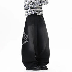 Y2K Baggy Black Accessorised Embroidered Jeans