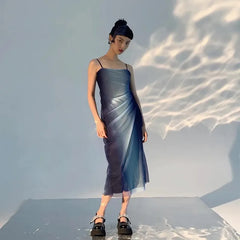 Y2K Blue Gradient Aesthetic Mesh Midi Dress