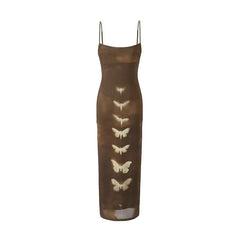 Y2K Butterly Print Brown Mesh Maxi Dress
