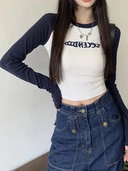 Y2K Long Sleeve Embroidered Top