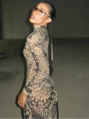 Y2K Mesh Print Turtleneck Bodycon Maxi Dress