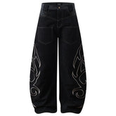 Y2K Tribal Embroidered Baggy Wide Leg Barrel Jeans