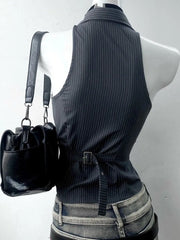 Y2K Vintage Striped Collared Sleeveless Low Cut Top