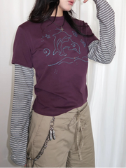 Y2K Vintage Striped Dolphin Graphic Long Sleeve Top