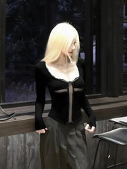 Y2k Patchwork Cross Sheer Cropped Long Sleeve Top