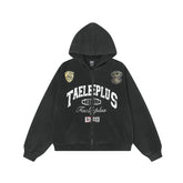 Y2k Washed Distressed Graphic Print Baggy Zip Up Hoodie