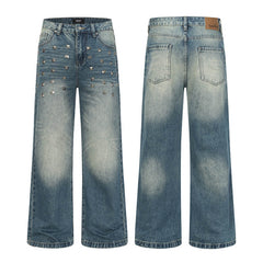 American-Style Square Rivets Distressed Washed Flared Jeans