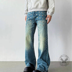 American-Style Square Rivets Distressed Washed Flared Jeans