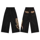 American Retro Leopard Print Letter Patch Loose Jeans
