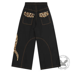 American Retro Leopard Print Letter Patch Loose Jeans