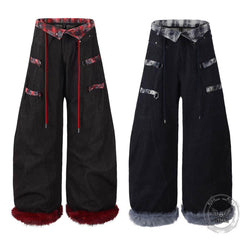 American Retro Plaid Patchwork Furry-Hemmed Baggy Jeans