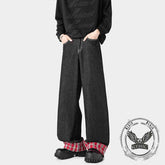 American Retro Plaid Patchwork Washed Baggy Jeans