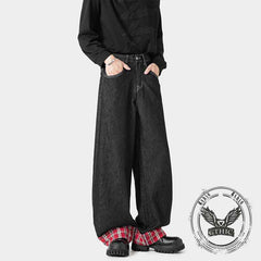 American Retro Plaid Patchwork Washed Baggy Jeans