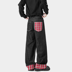 American Retro Plaid Patchwork Washed Baggy Jeans