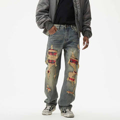 American Retro Ripped Patch Loose Straight Jeans