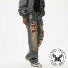 American Retro Ripped Patch Loose Straight Jeans