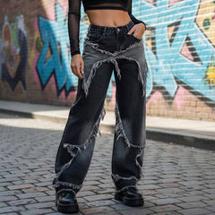 American Retro Ripped Patchwork Washed Jeans