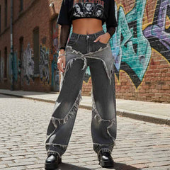 American Retro Ripped Patchwork Washed Jeans