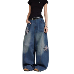 American Retro Star-Decorated Washed Distressed Scimitar Jeans