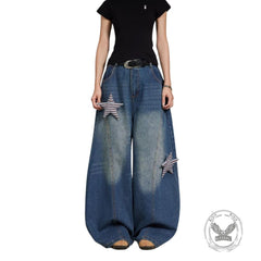 American Retro Star-Decorated Washed Distressed Scimitar Jeans
